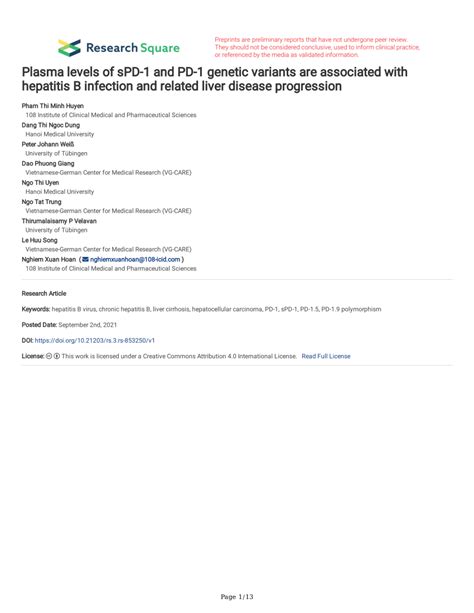 Pdf Plasma Levels Of Spd 1 And Pd 1 Genetic Variants Are Associated