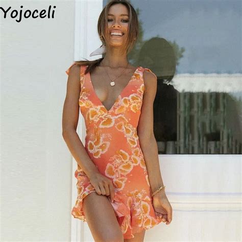 Yojoceli Sexy Ruffle Print Women Short Dress Summer Bow V Neck Beach