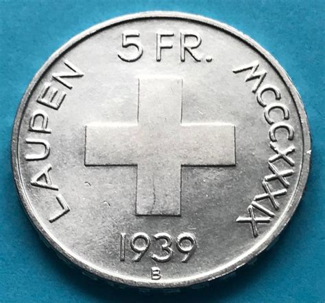 schöne Schweizer Silber 5 Franken Gedenkmünze LAUPEN 1939 Kaufen auf