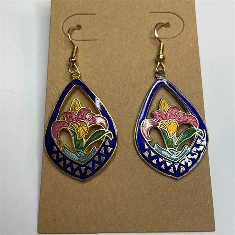 Jewelry Cloisonn Cloisonne Floral Blue Cut Out Enamel Dangle Earrings