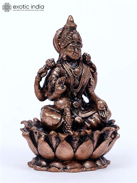 Small Blessing Goddess Lakshmi Copper Statue Seated On Lotus