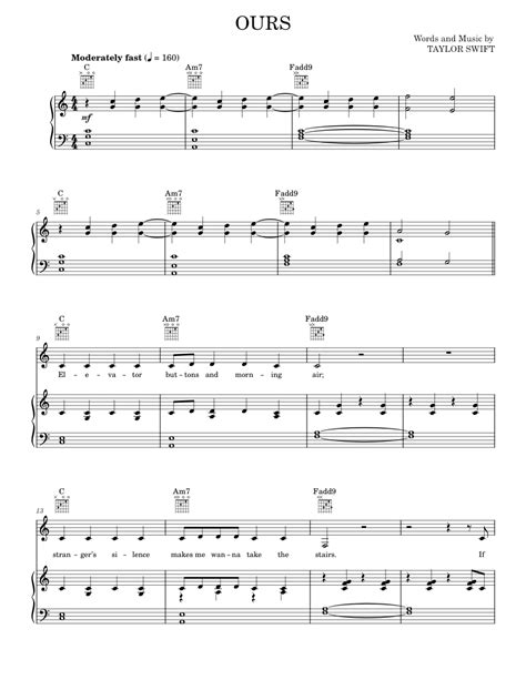 Ours Sheet Music For Piano Vocals By Taylor Swift Official