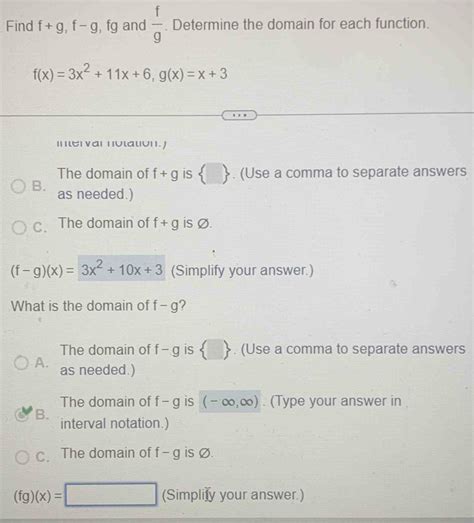 Solved Find F G F G Fg And F G Determine The Domain For Each