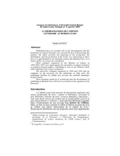 La problÃmatique de l Ãdition littÃraire au Burkina Faso CRITAOI