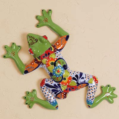 Hand Painted Ceramic Tree Frog Wall Sculpture From Mexico Vibrant