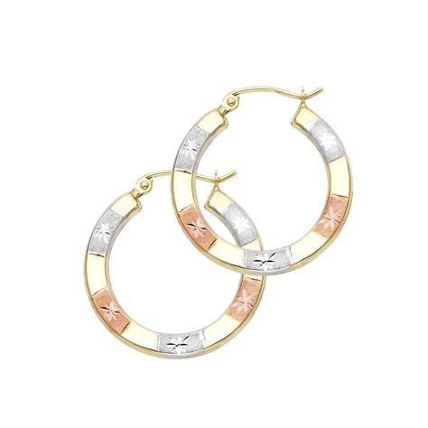 14k Solid Tri Color Gold Hoop Earrings Diamond Cut Hoops Etsy