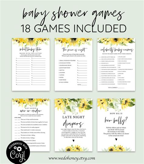 Sunflower Baby Shower Game Bundle Editable Set Games Baby Etsy UK