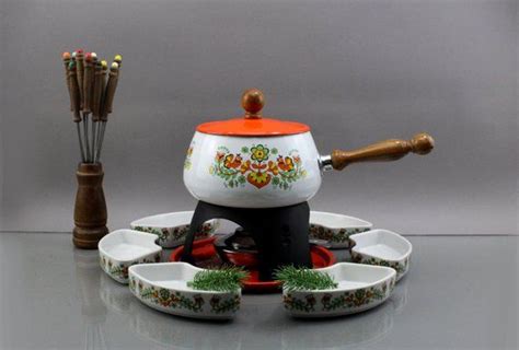 Vintage 70s Fondue Set Mid Century Copper Enamel Fondue Etsy