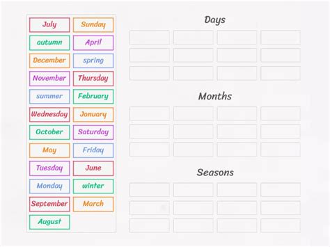 Match The Days Seasons And Months To Their Group Ordenar Por Grupo