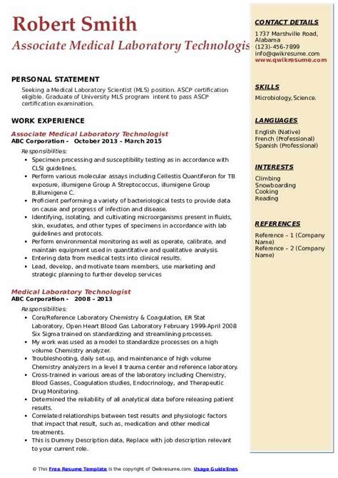 Medical Laboratory Technologist Resume Samples Qwikresume