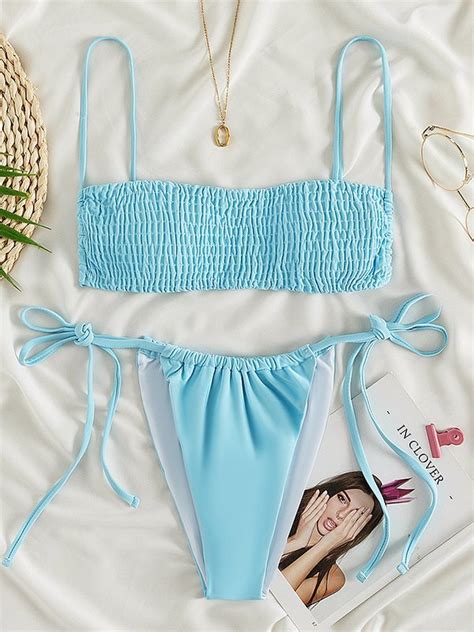 Emmiol Free Shipping 2023 Lace Up Smocked Bikini Set Blue M In Bikini