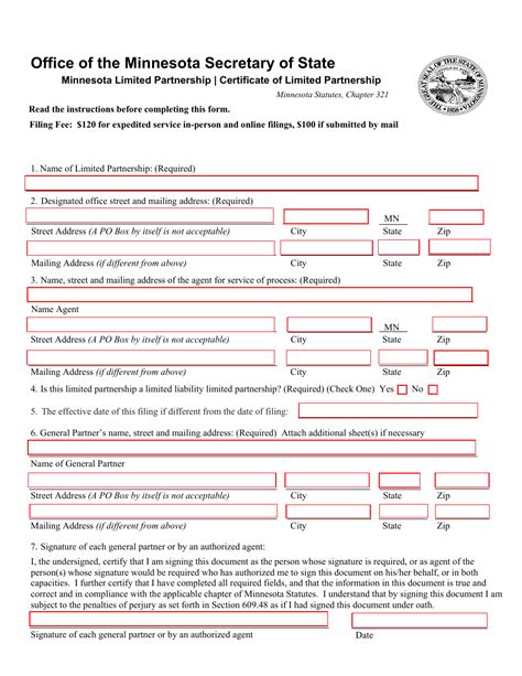 Minnesota Minnesota Certificate Of Limited Partnership Fill Out Sign