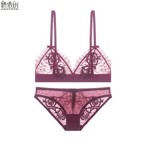 Jyf Hot Sale Vintage Sexy Lace Triangle Cup Bra Set Ultra Thin Semi