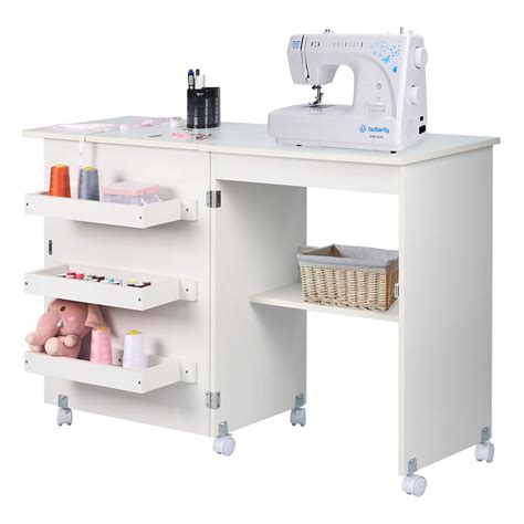 Folding Sewing Machine Table With Storage Shelves Rolling Cabinet With