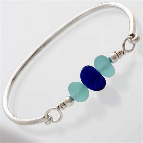 Lovely Aqua And Dark Blue Seaham Sea Glass Sterling Bangle Bracelet Sb177