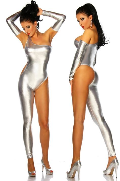 Silver Wetlook Catsuit Sexy Lingerie Cosercosplay