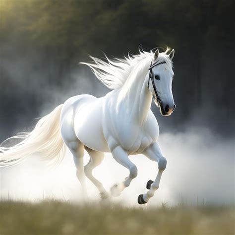 A white horse with a black mane runs through a field. | Premium AI ...