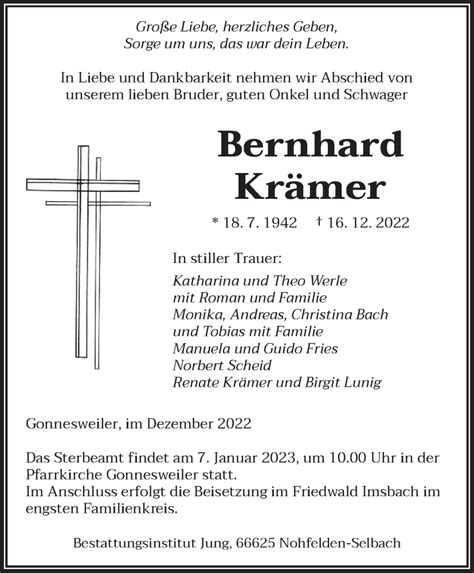 Traueranzeigen von Bernhard Krämer Saarbruecker Zeitung Trauer de