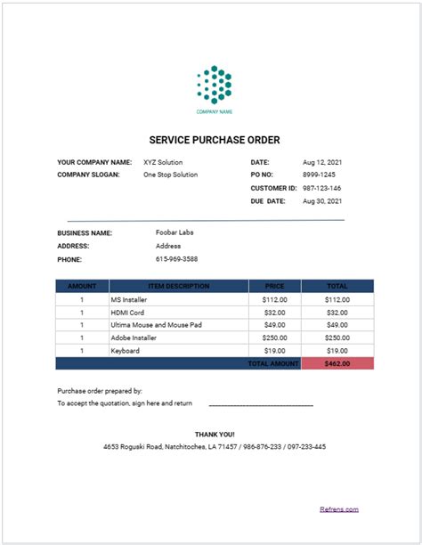 Purchase Order Template Word Excel PDF Refrens