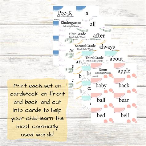 printable dolch sight word flashcards prek  grade lists  nouns