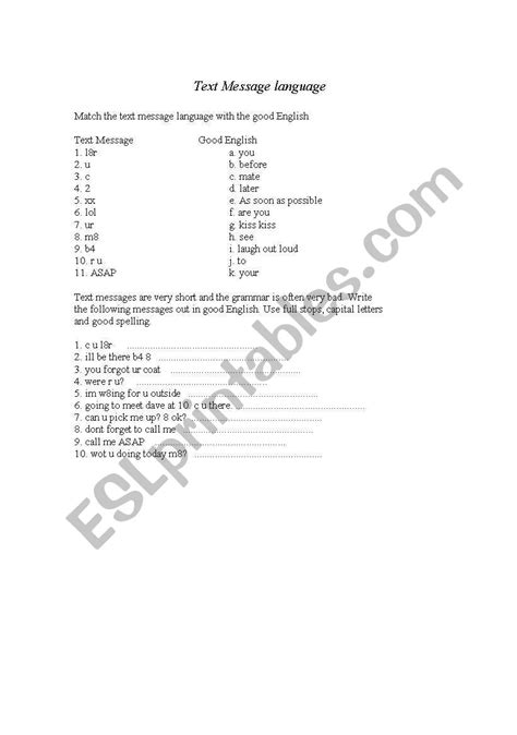 English Worksheets Text Messaging Language