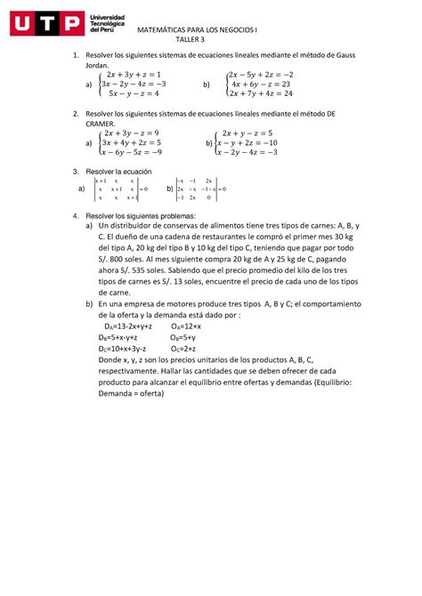 Taller Matemticas Para Los Negocios I Taller Resolver