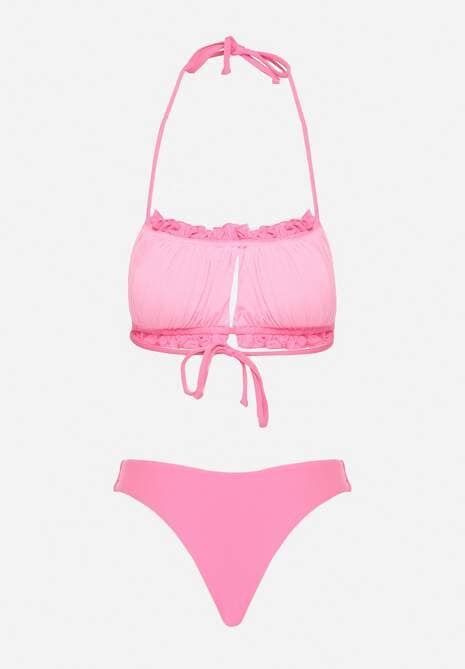 Różowe Bikini Majtki Figi Biustonosz z Wiązaniem Ozdobiony Marszczeniem Folinira Renee