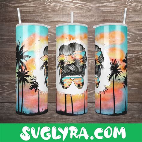 Beach Messy Bun Mom Tumbler Wrap 20oz Skinny Straight Summer Tumbler