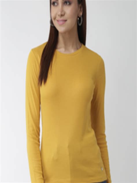 Buy Madame Women Mustard Yellow Solid Pure Cotton Top Tops For Women