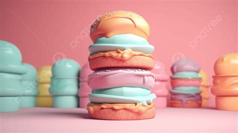 Background Burger Kartun Dalam Model Makanan 3d Render Ilustrasi 3d Dari Warna Pastel Burger