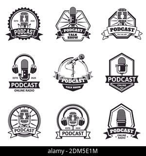 Podcast Station Emblem Template With Retro Microphone Design Element