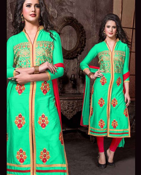 Green Ingenious Embroidered Cotton Salwar Suits For Women Semi Stitched