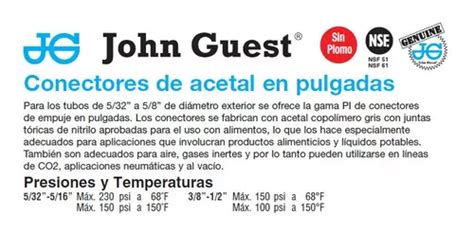 John Guest Conexiones R Pidas Tap N Para Agua Y Aire En Venta En