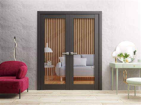 Solid French Double Doors Clear Glass | Lucia 2166 Matte Black | Wood