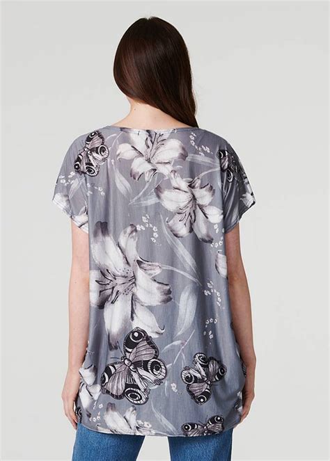 Izabel London Grey Floral Butterfly Print T Shirt Matalan