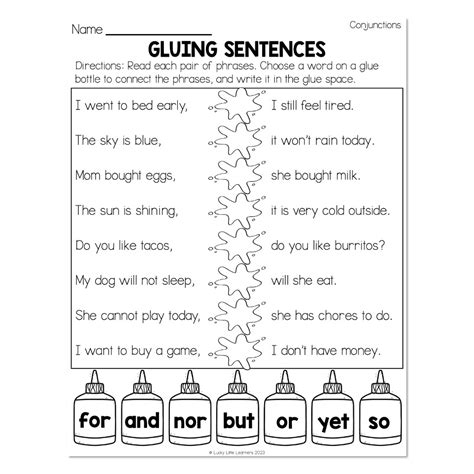 Grammar Worksheets Conjunctions Gluing Sentences Worksheets Library