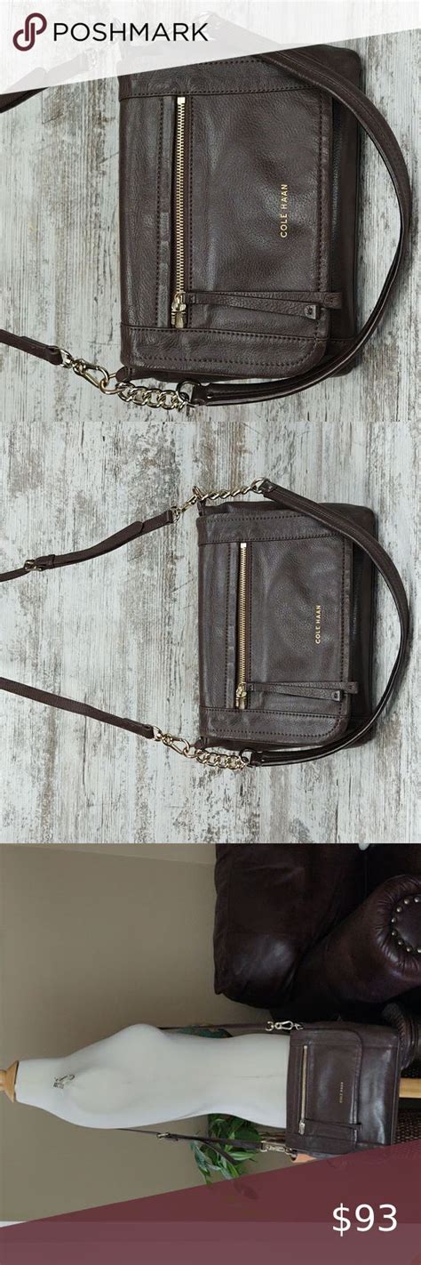 🟦cole Haan Brown Leather Gold Chain Shoulder And Crossbody Bag Accessory