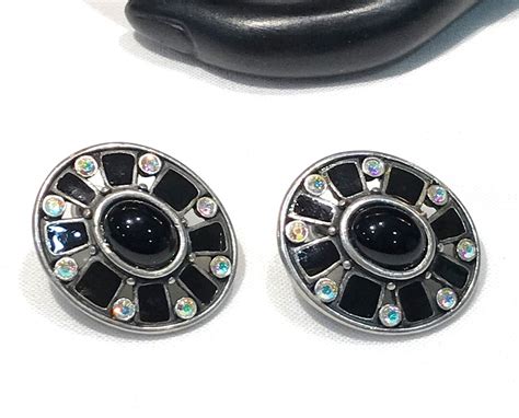 Belles Boucles Doreilles Vintage En Verre Noir Cabochon Et Etsy France