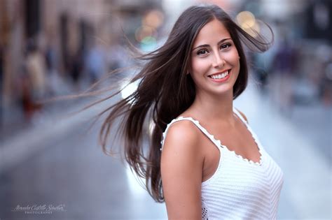 Brunette Smiling Women Model Women Outdoors White Tops Wallpaper