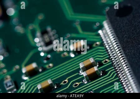 Circuit Board Showing Closeup Of Surface Mounted IC Chip Stock Photo