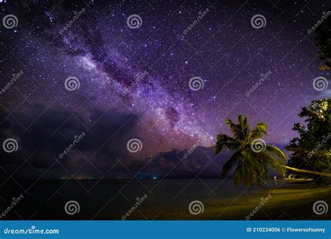 Amazing Nature Landscape Night Beach Sky With Palm Trees And Storm