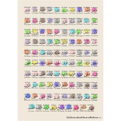 99 Names Of Allah Wall Art With English Meaning Free UK Etsy UK