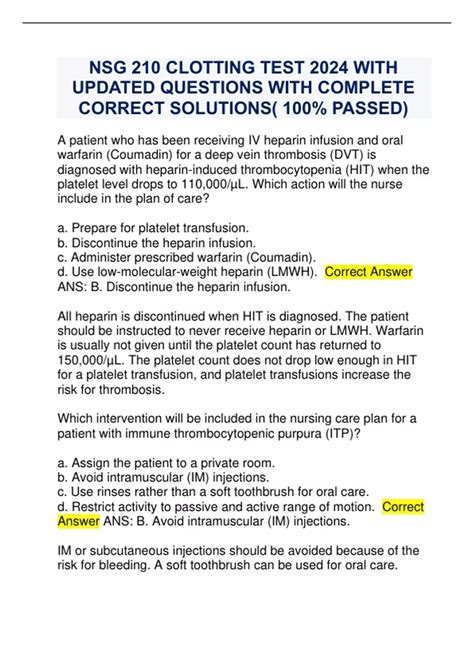 Nsg Clotting Test With Updated Questions With Complete Correct