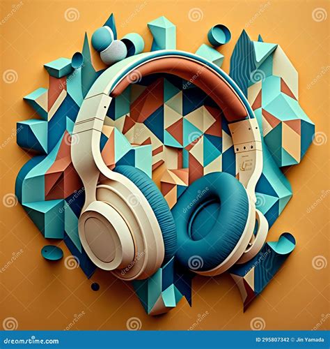 D Illustration Of Headphones With Abstract Geometric Background Music