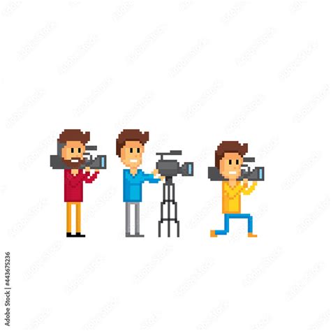 Cameraman And Camera Reporter Interview Pixel Art Old School