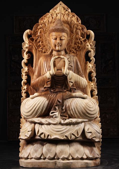 Large Wooden Buddha With Finger Tips Touching In Uttarabodhi Mudra Of