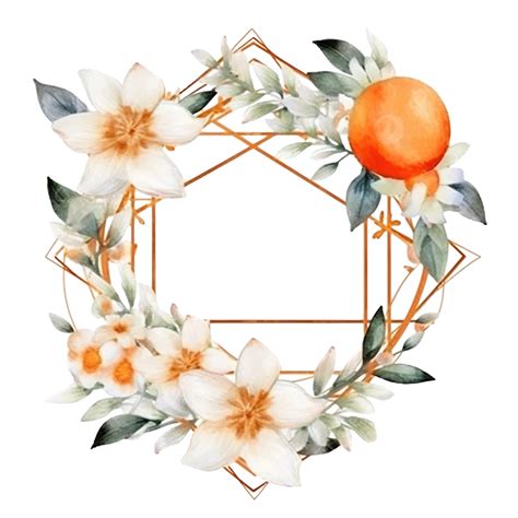 Watercolor White Flower And Orange Fruit Wreath With Golden Geometry