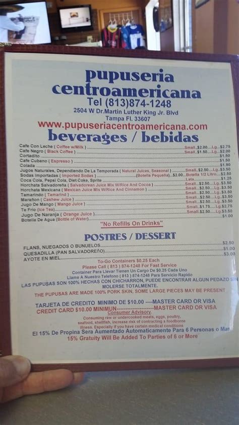 Menu At Pupuseria Centroamericana Restaurant Tampa