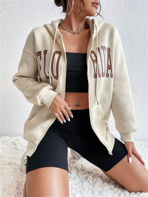 Shein Ezwear Sweat Shirt Capuche Lettres Zipp Doublure Thermique