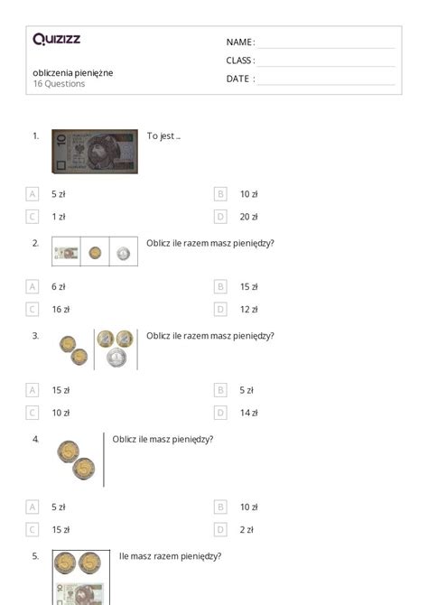 Ponad 50 Obliczenia pieniężne arkuszy w Quizizz Darmowe i do druku